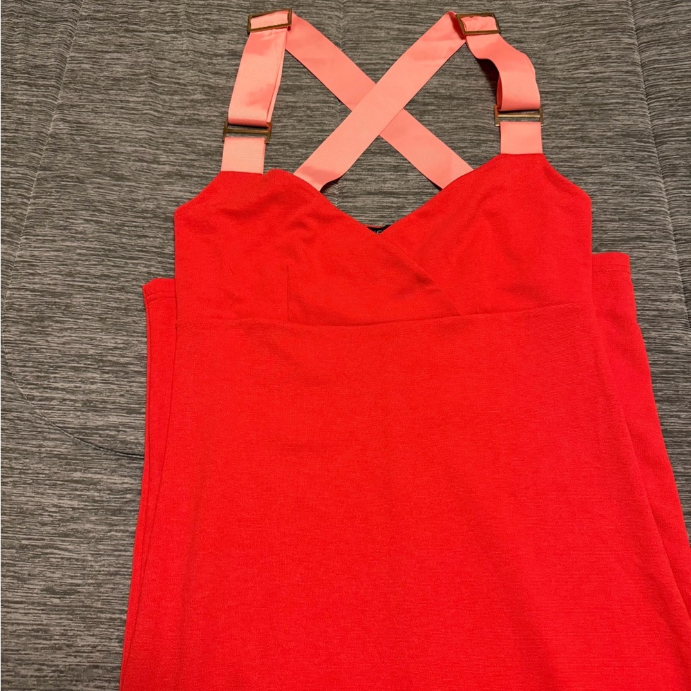 VENUS Vibrant Red-orange Maxi Dress with Peach wide ribbon cris cross straps